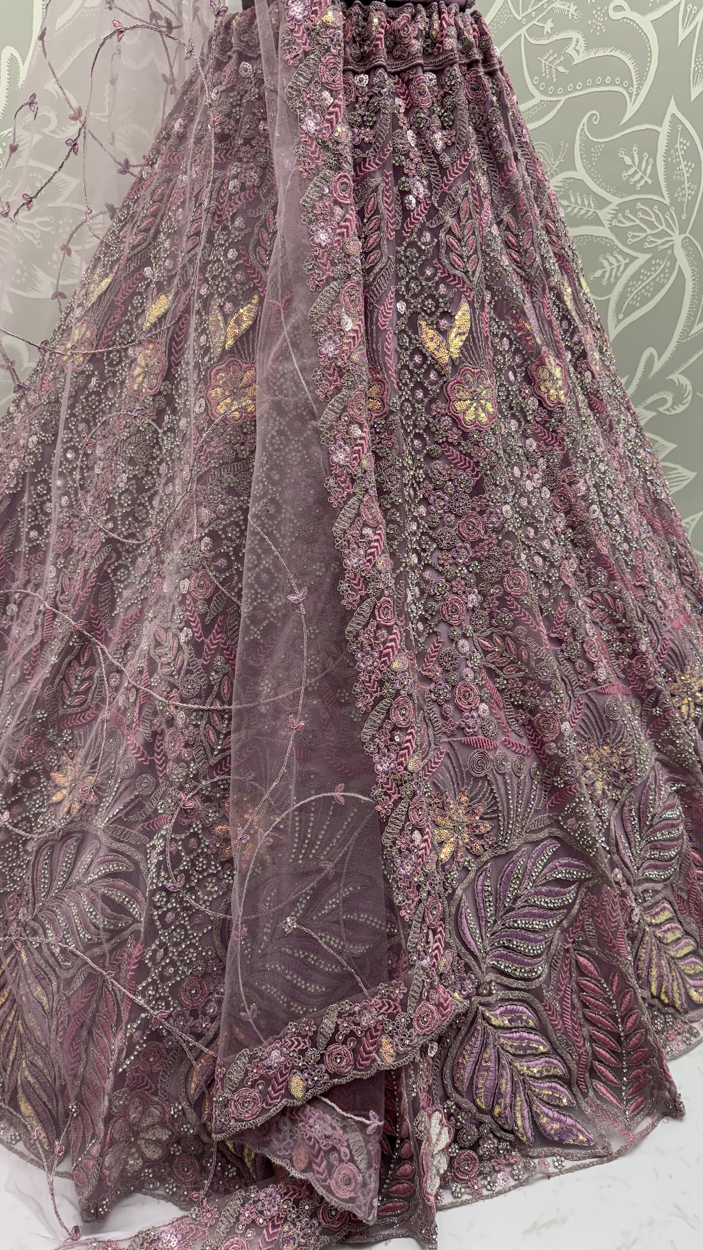 Purple Net A - Line Lehenga Choli with Diamond, Dori, Embroidered, Fancy, Multi, Sequins, Thread and Zircon Work